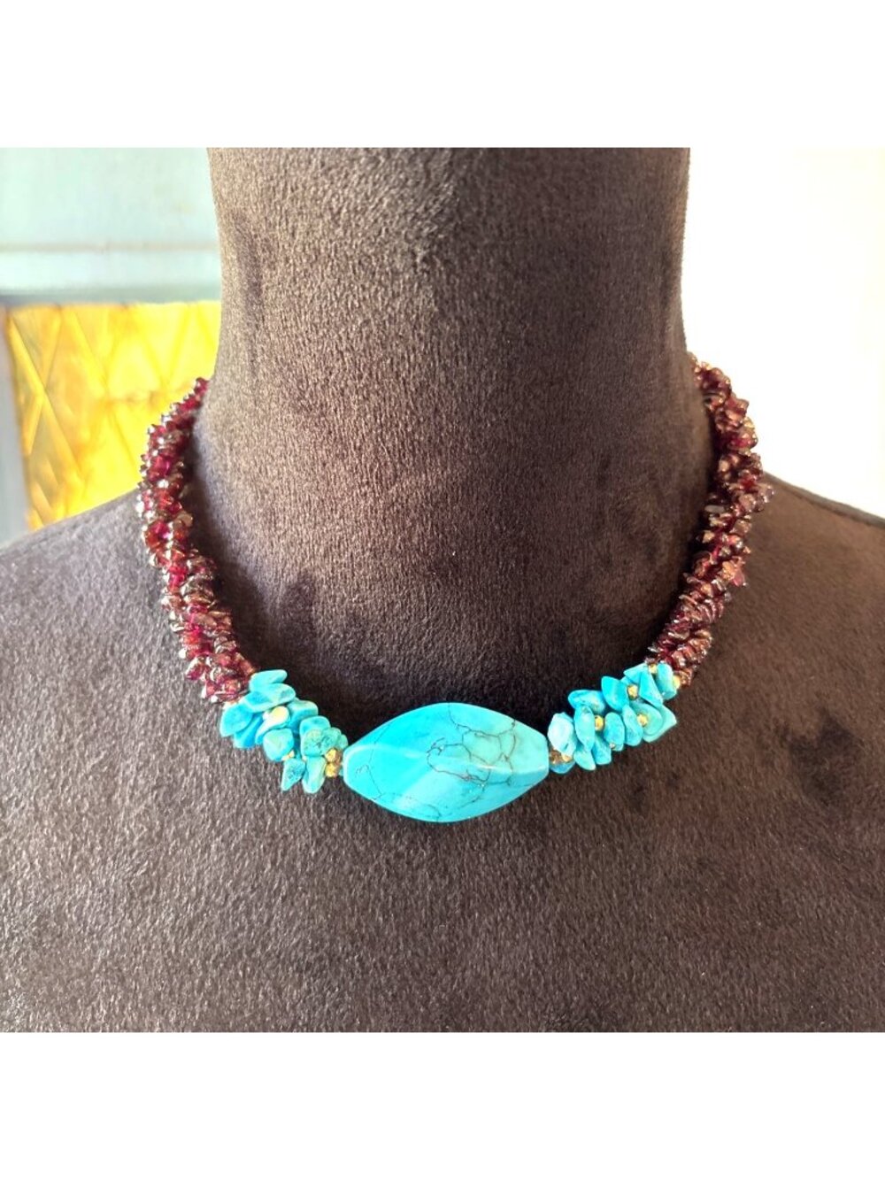 Garnet & Turquoise Rope Choker Necklace Toggle Clasp 18" Handmade Artisan